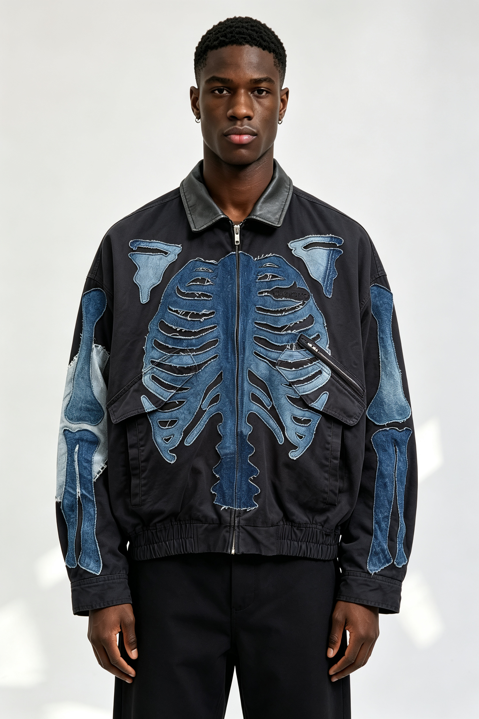 Custom Men Skeleton Denim Patch Bomber Jacket, Leather Collar Raw Edge Bone Applique Streetwear Oversized Jacket
