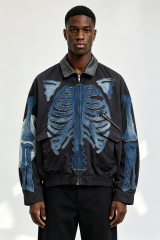 Custom Men Skeleton Denim Patch Bomber Jacket, Leather Collar Raw Edge Bone Applique Streetwear Oversized Jacket