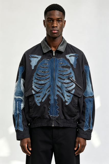 Custom Men Skeleton Denim Patch Bomber Jacket, Leather Collar Raw Edge Bone Applique Streetwear Oversized Jacket