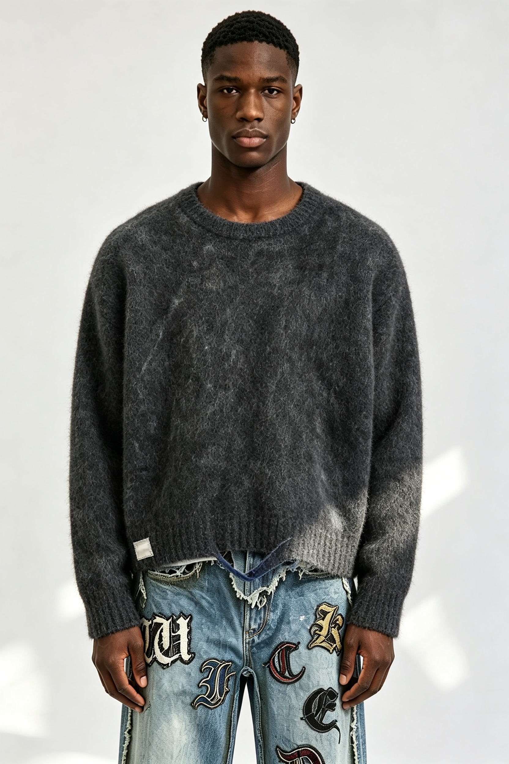 Custom Men Distressed Fuzzy Knit Crewneck Sweater, Vintage Washed Boxy Streetwear Pullover