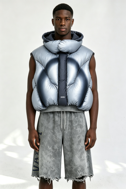 Custom Men Gradient Puffer Hooded Vest, Sleeveless Cropped Streetwear Quilted Gilet