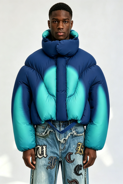Custom Men Gradient Spray Paint Cropped Puffer Jacket, High Collar Oversized Streetwear Bubble Coat