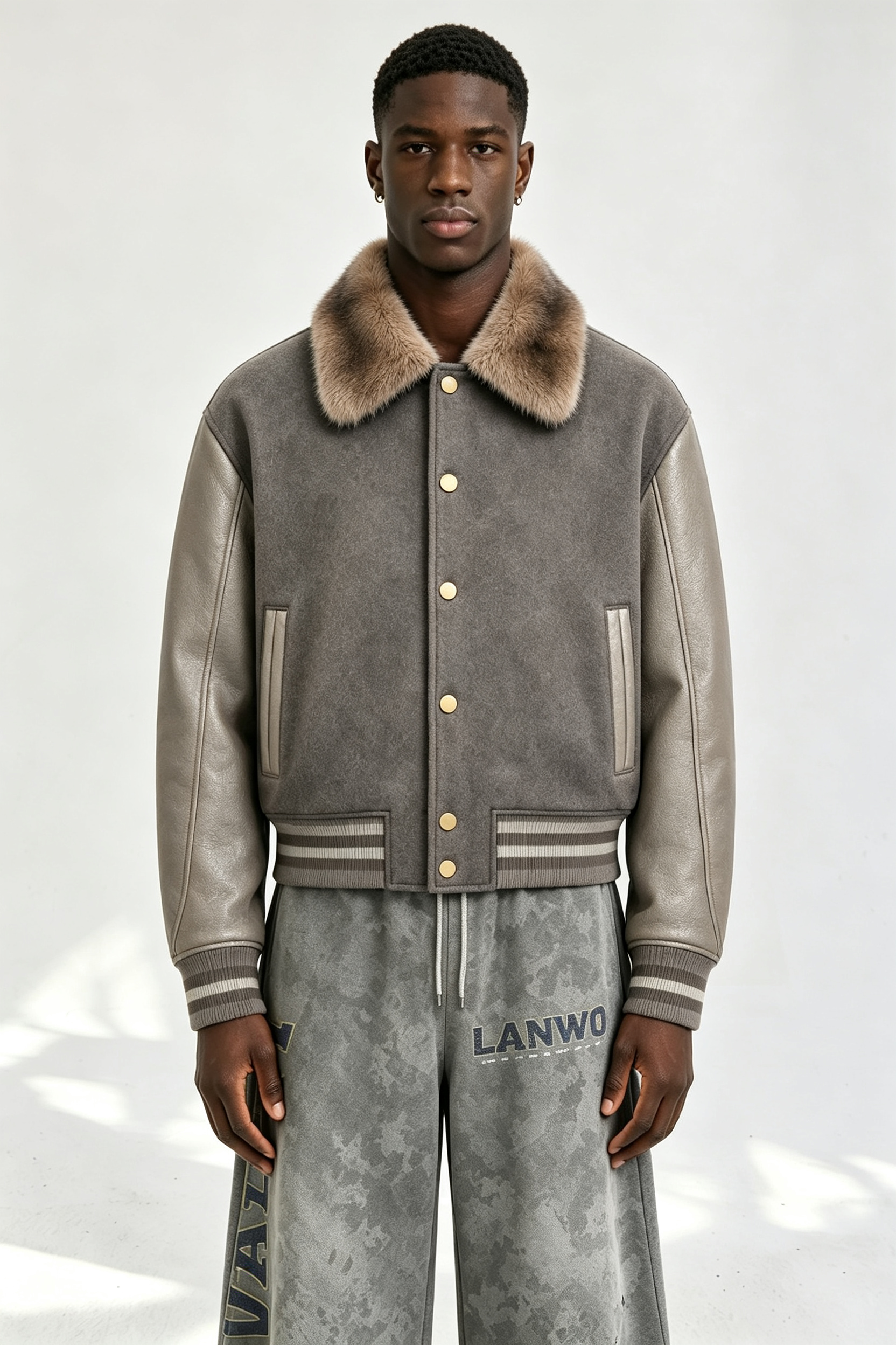 Custom Men Fur Collar Wool Blend Varsity Jacket, Leather Sleeve Vintage Streetwear Baseball Coat