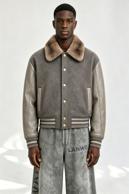 Custom Men Fur Collar Wool Blend Varsity Jacket, Leather Sleeve Vintage Streetwear Baseball Coat