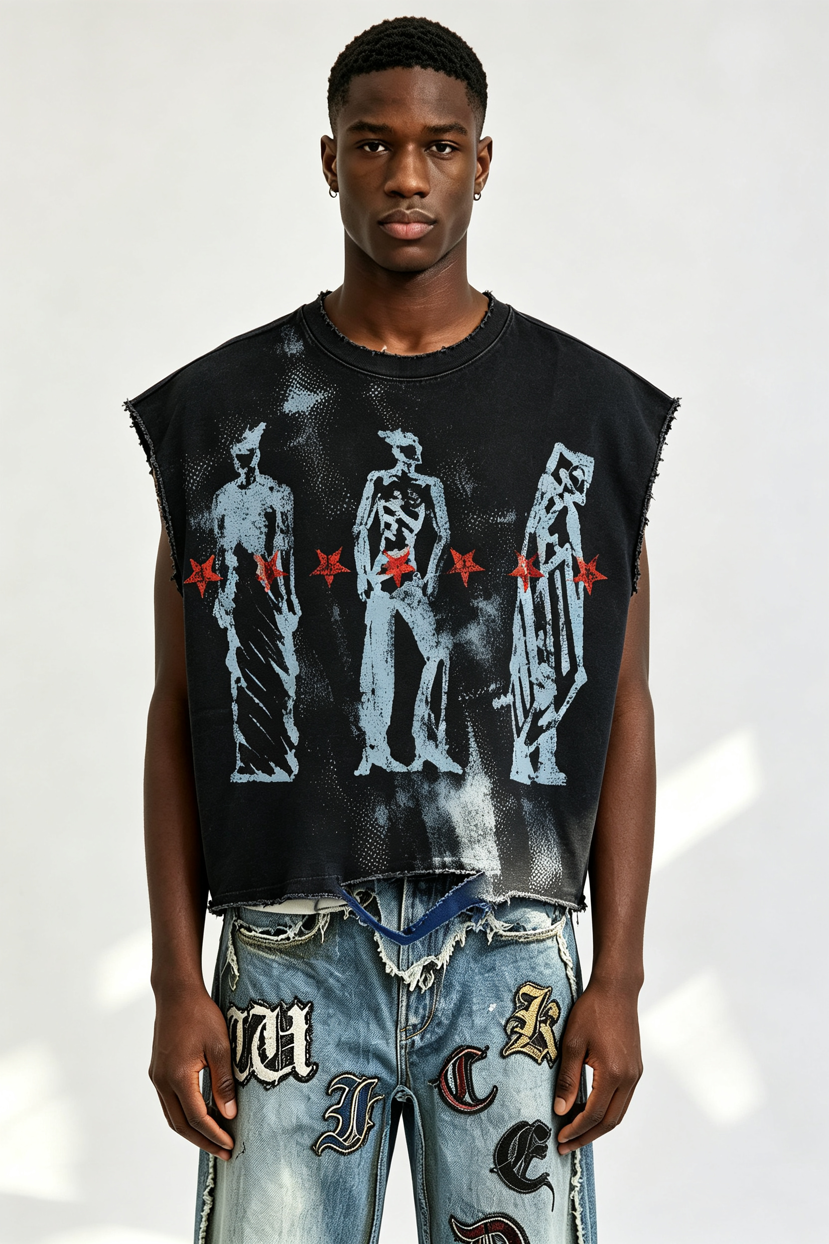 Custom Men Vintage Distressed Sleeveless Tank Top, Grunge Figure Print Raw Edge Cropped Streetwear Vest