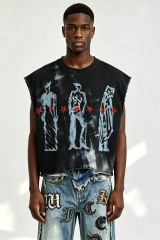 Custom Men Vintage Distressed Sleeveless Tank Top, Grunge Figure Print Raw Edge Cropped Streetwear Vest