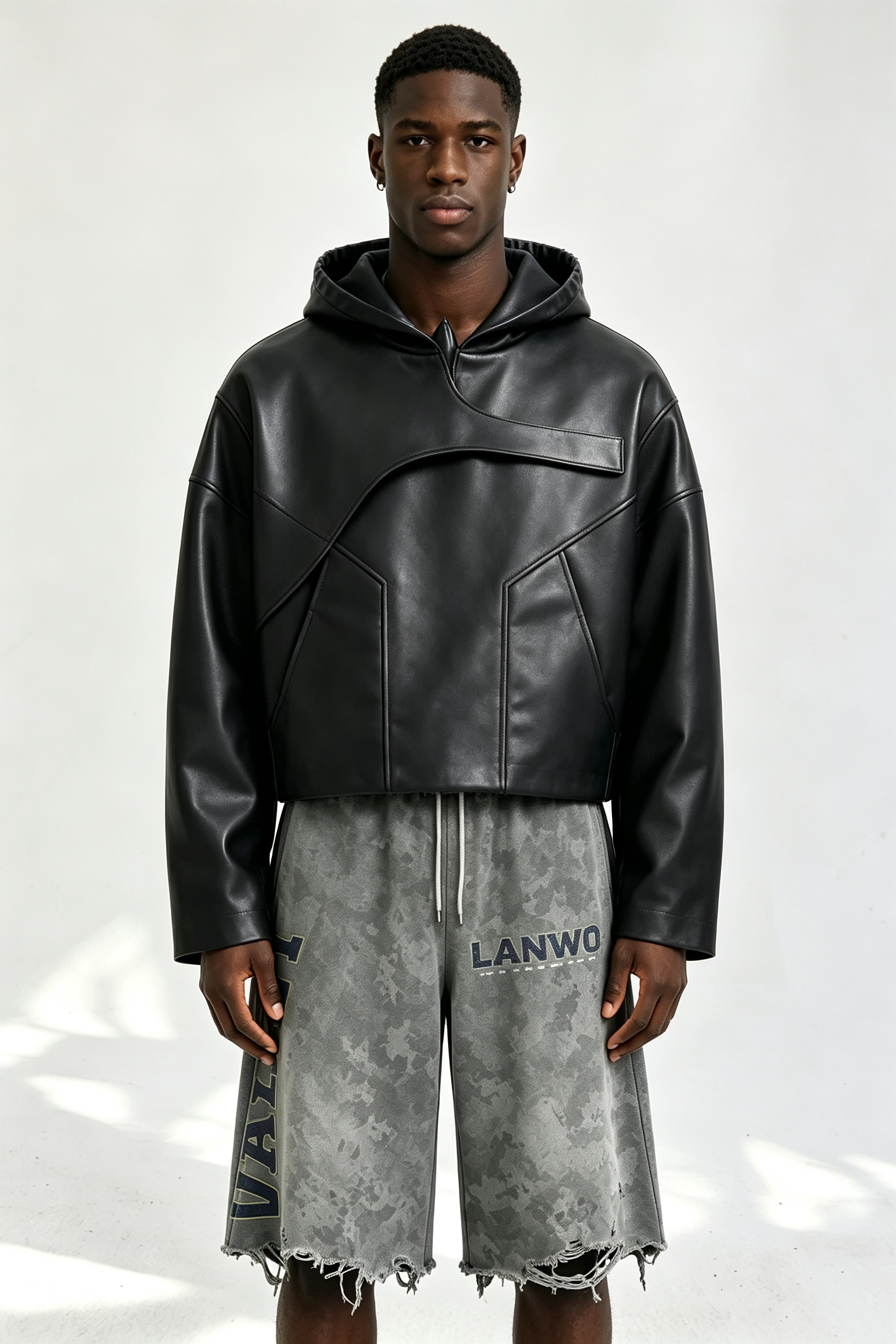 Custom Men Asymmetric Panel Faux Leather Hoodie, Cropped Black Streetwear PU Hooded Jacket