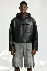 Custom Men Asymmetric Panel Faux Leather Hoodie, Cropped Black Streetwear PU Hooded Jacket