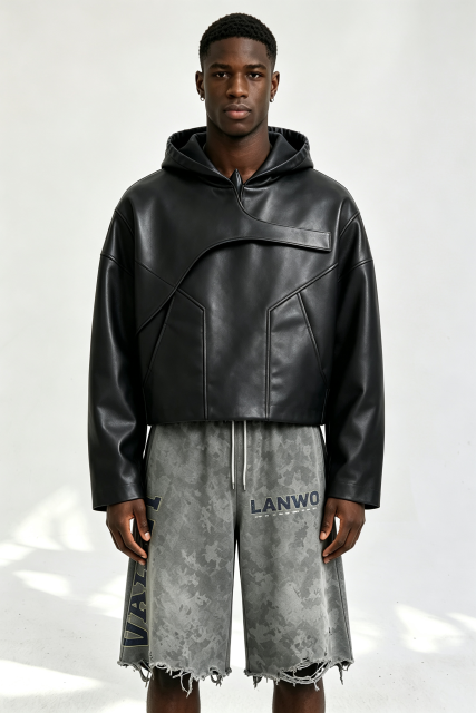 Custom Men Asymmetric Panel Faux Leather Hoodie, Cropped Black Streetwear PU Hooded Jacket