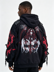 Custom Men Gothic Distressed Zip Up Hoodie, Spike Shoulder Strap Frayed Ribbon Dark Punk Streetwear Hooded Jacket