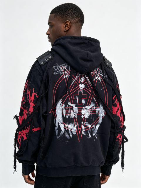Custom Men Gothic Distressed Zip Up Hoodie, Spike Shoulder Strap Frayed Ribbon Dark Punk Streetwear Hooded Jacket