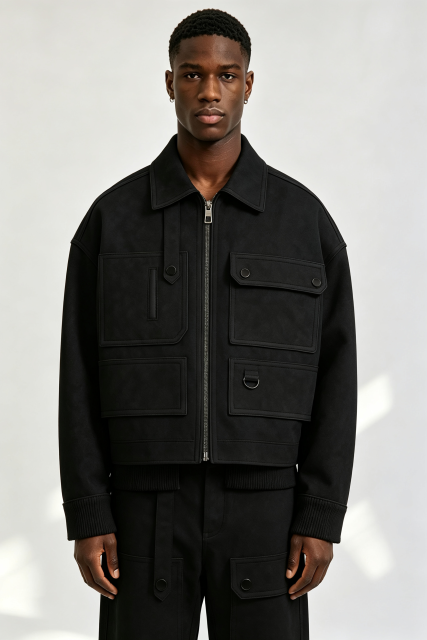 Custom Men Black Multi-Pocket Utility Cargo Jacket, Lapel Collar Cropped Streetwear Suede Jacket