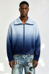 Custom Men Gradient Blue Zip Up Knit Cardigan, Lapel Collar Boxy Streetwear Sweater Jacket