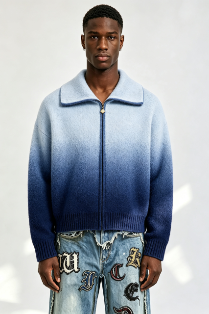 Custom Men Gradient Blue Zip Up Knit Cardigan, Lapel Collar Boxy Streetwear Sweater Jacket
