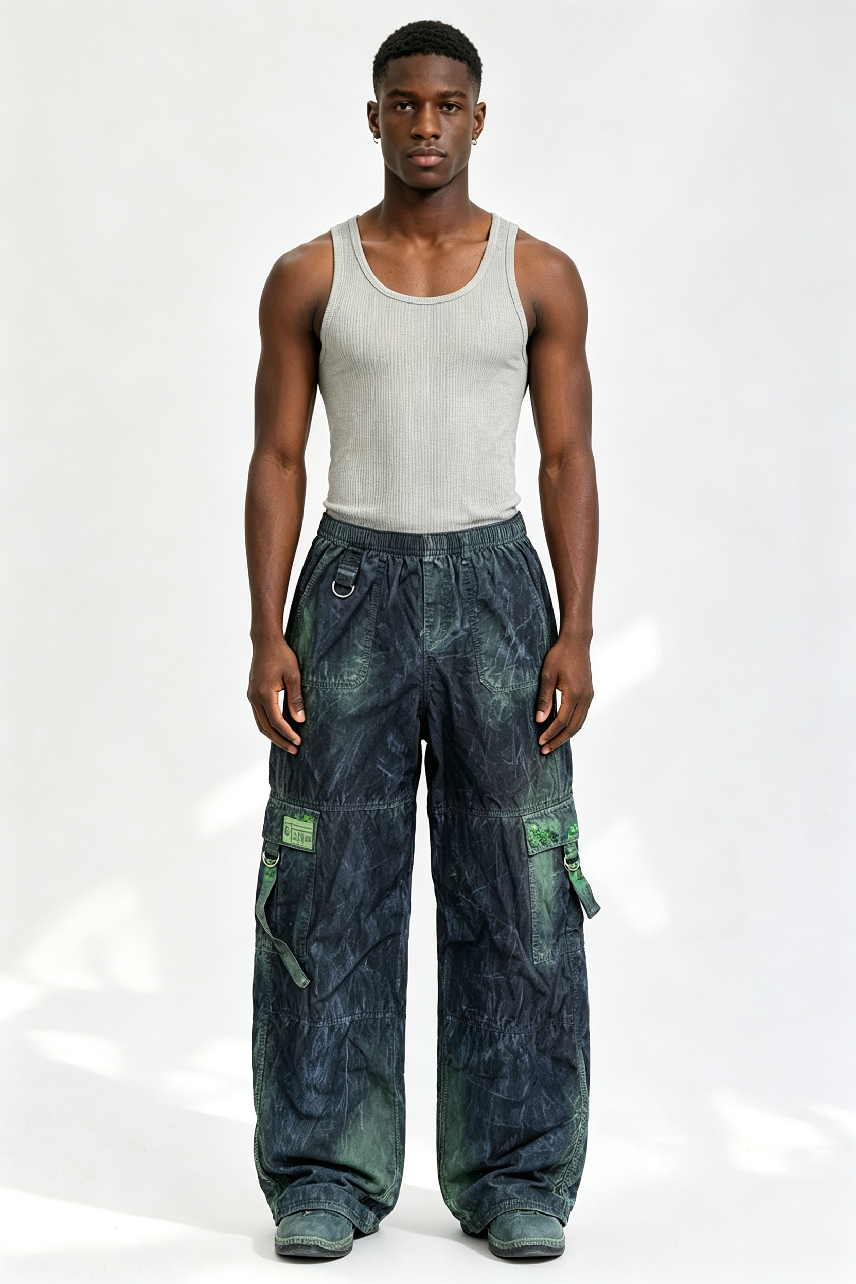 Custom Men Vintage Acid Wash Wide Leg Cargo Pants, Gradient Green Crinkle Fabric Multi-Pocket Streetwear Trousers