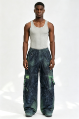 Custom Men Vintage Acid Wash Wide Leg Cargo Pants, Gradient Green Crinkle Fabric Multi-Pocket Streetwear Trousers