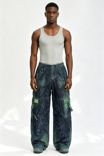 Custom Men Vintage Acid Wash Wide Leg Cargo Pants, Gradient Green Crinkle Fabric Multi-Pocket Streetwear Trousers