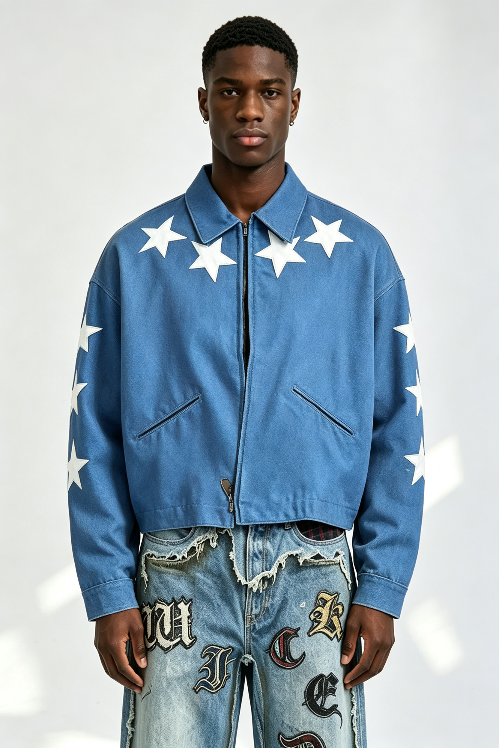 Custom Men Blue Twill Star Applique Zip Jacket, White Star Leather Patch Cropped Boxy Streetwear Coach Jacket