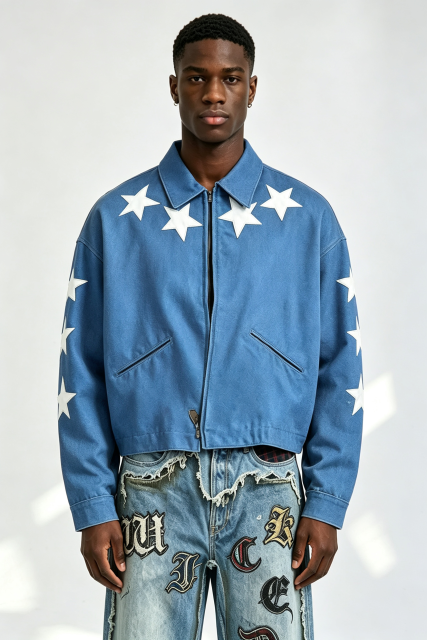 Custom Men Blue Twill Star Applique Zip Jacket, White Star Leather Patch Cropped Boxy Streetwear Coach Jacket