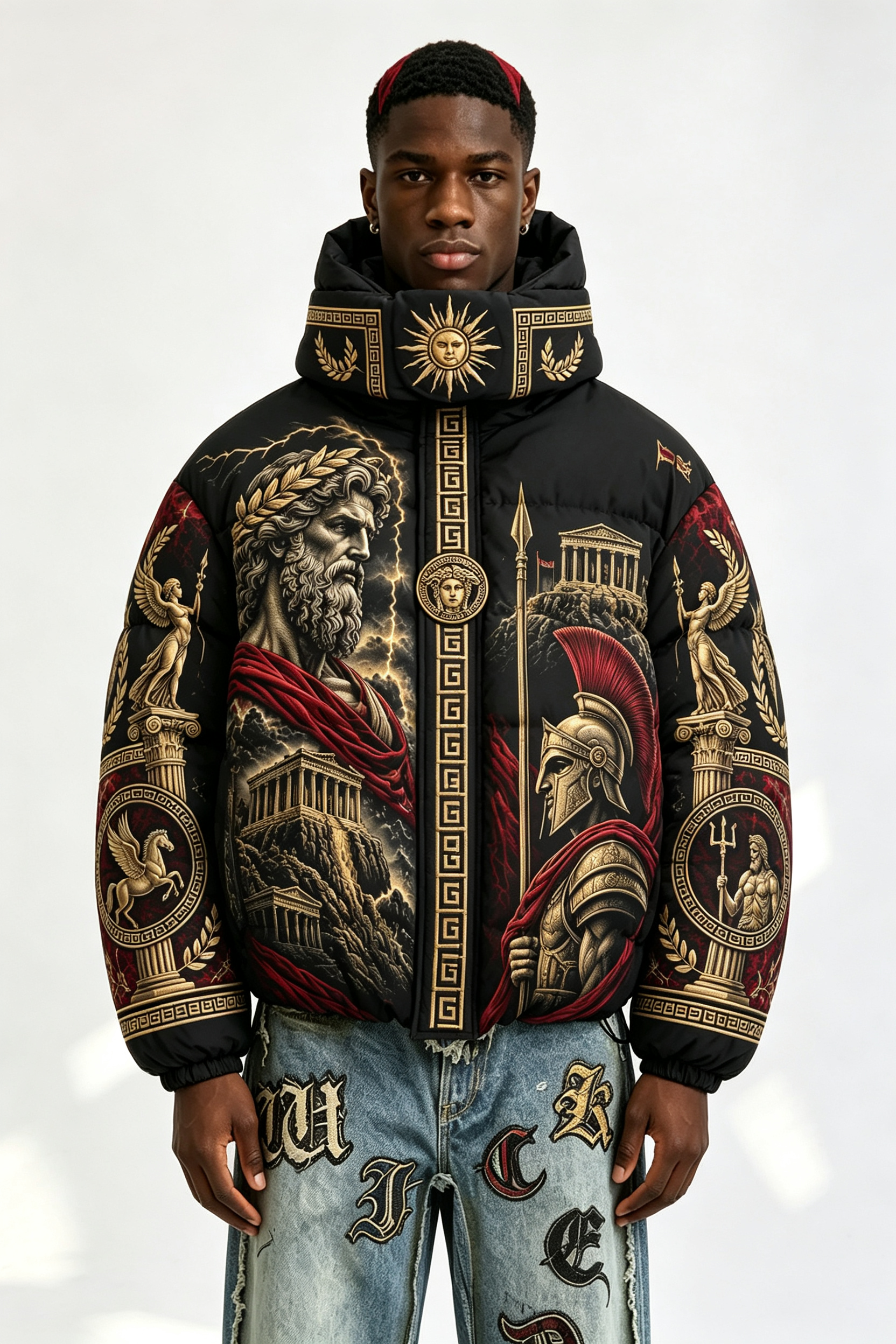 Custom Men Greek Mythology Print Hooded Puffer Jacket, Ancient Roman God Graphic Oversized Winter Padded Coat