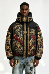Custom Men Greek Mythology Print Hooded Puffer Jacket, Ancient Roman God Graphic Oversized Winter Padded Coat
