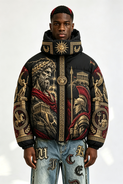 Custom Men Greek Mythology Print Hooded Puffer Jacket, Ancient Roman God Graphic Oversized Winter Padded Coat