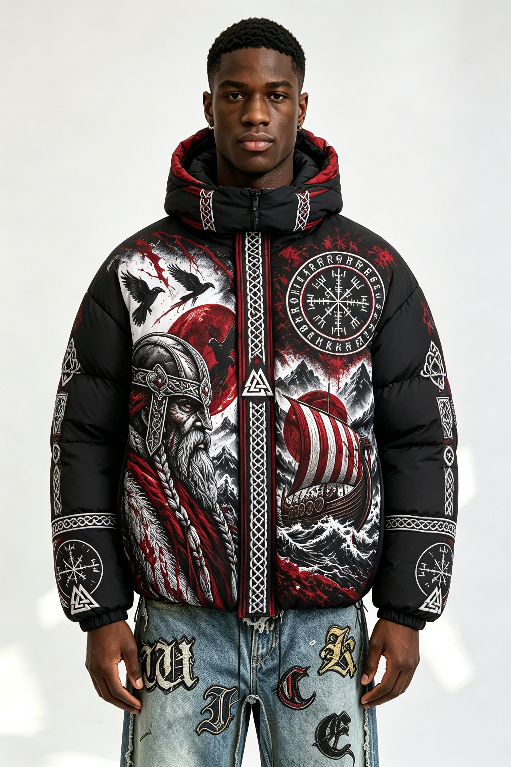 Custom Men Viking Norse Graphic Hooded Puffer Jacket, Rune Compass Print Winter Streetwear Oversized Padded Coat