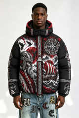 Custom Men Viking Norse Graphic Hooded Puffer Jacket, Rune Compass Print Winter Streetwear Oversized Padded Coat