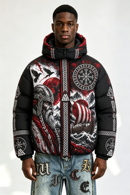 Custom Men Viking Norse Graphic Hooded Puffer Jacket, Rune Compass Print Winter Streetwear Oversized Padded Coat