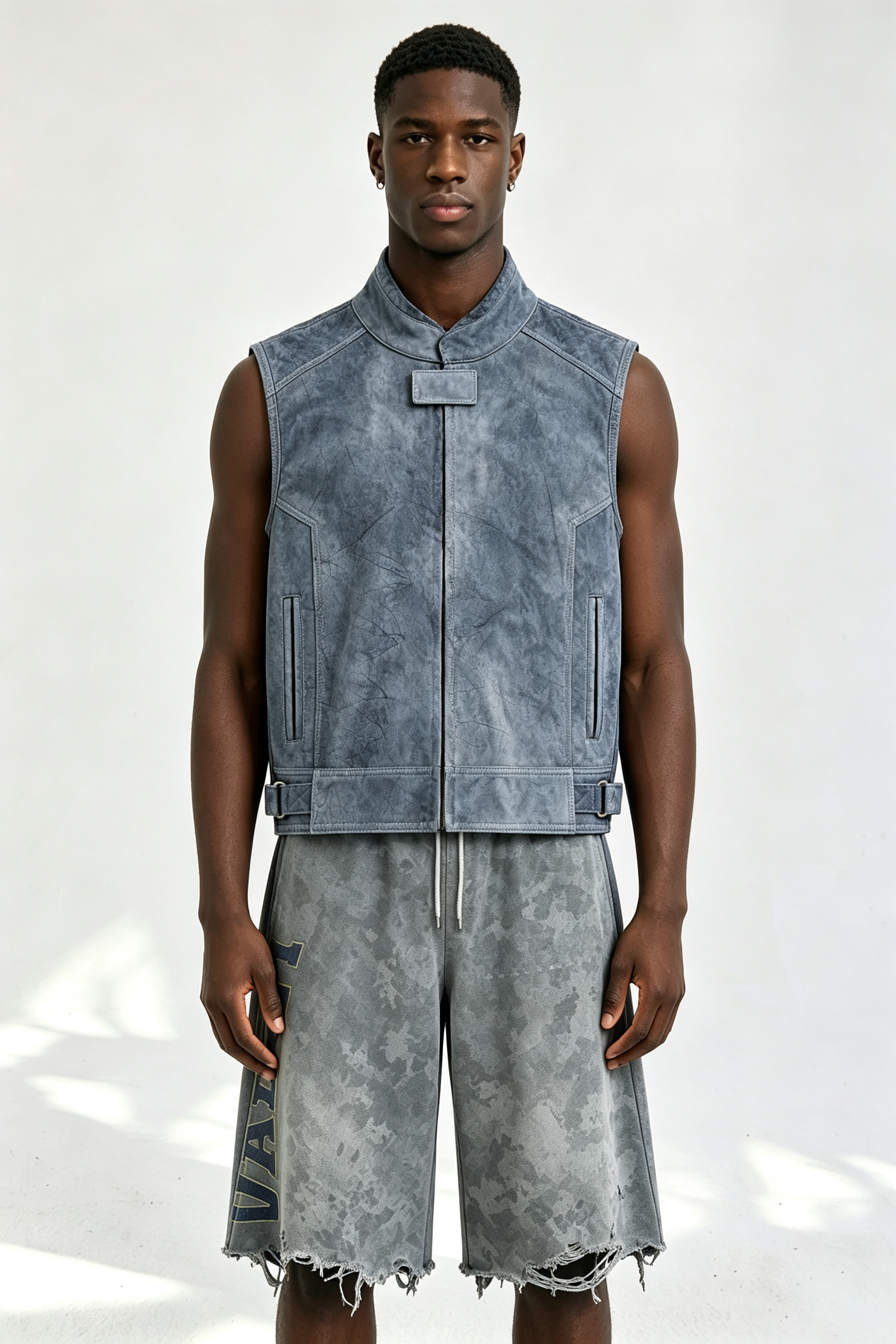 Custom Men Vintage Washed Faux Leather Vest, Stand Collar Sleeveless Streetwear Moto Waistcoat
