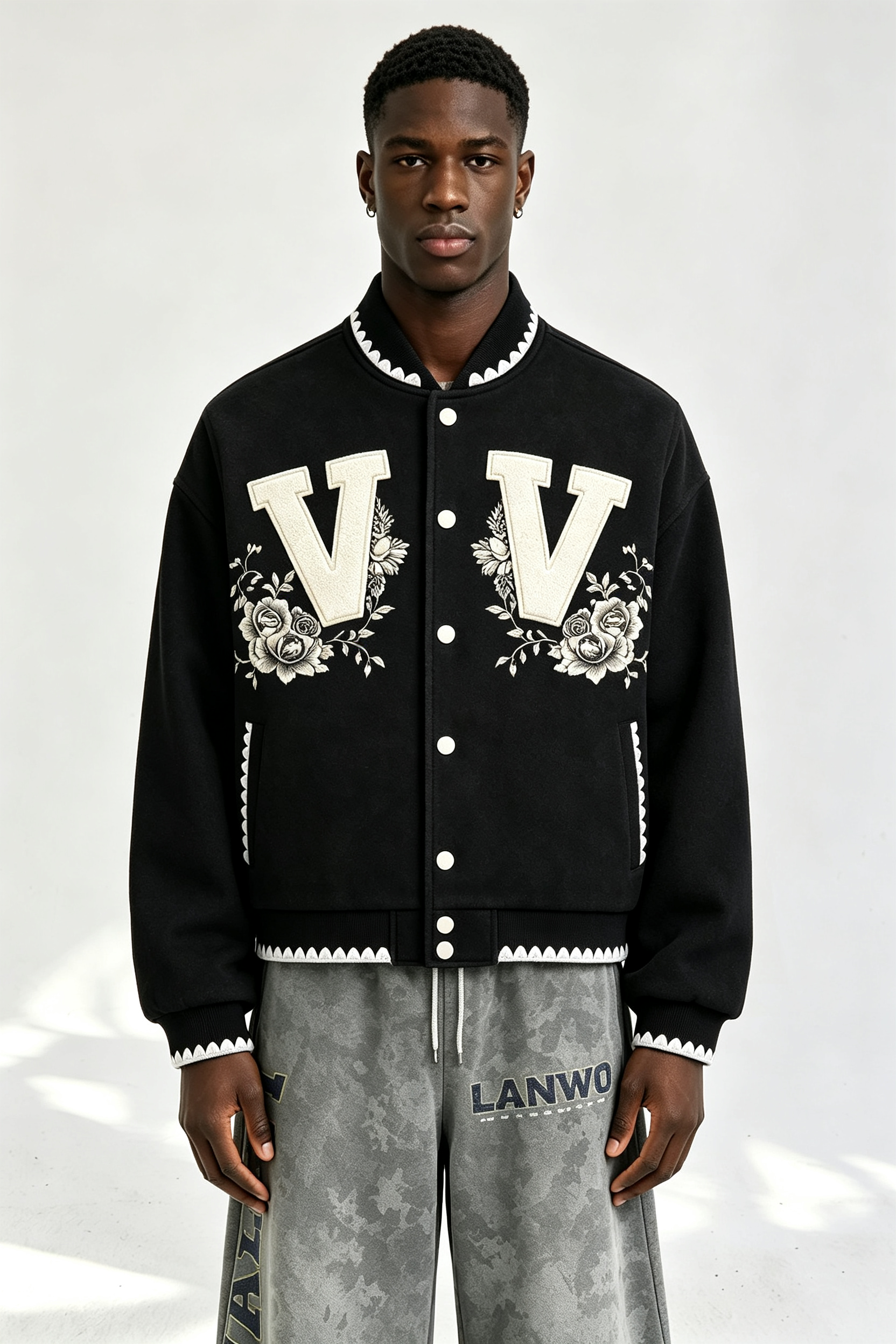 Custom Men Floral Letter Applique Varsity Jacket, Black Wool Blend Streetwear Baseball Coat