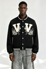 Custom Men Floral Letter Applique Varsity Jacket, Black Wool Blend Streetwear Baseball Coat