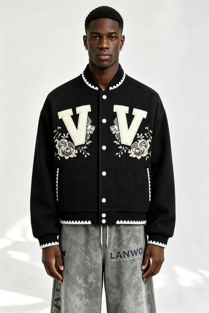 Custom Men Floral Letter Applique Varsity Jacket, Black Wool Blend Streetwear Baseball Coat