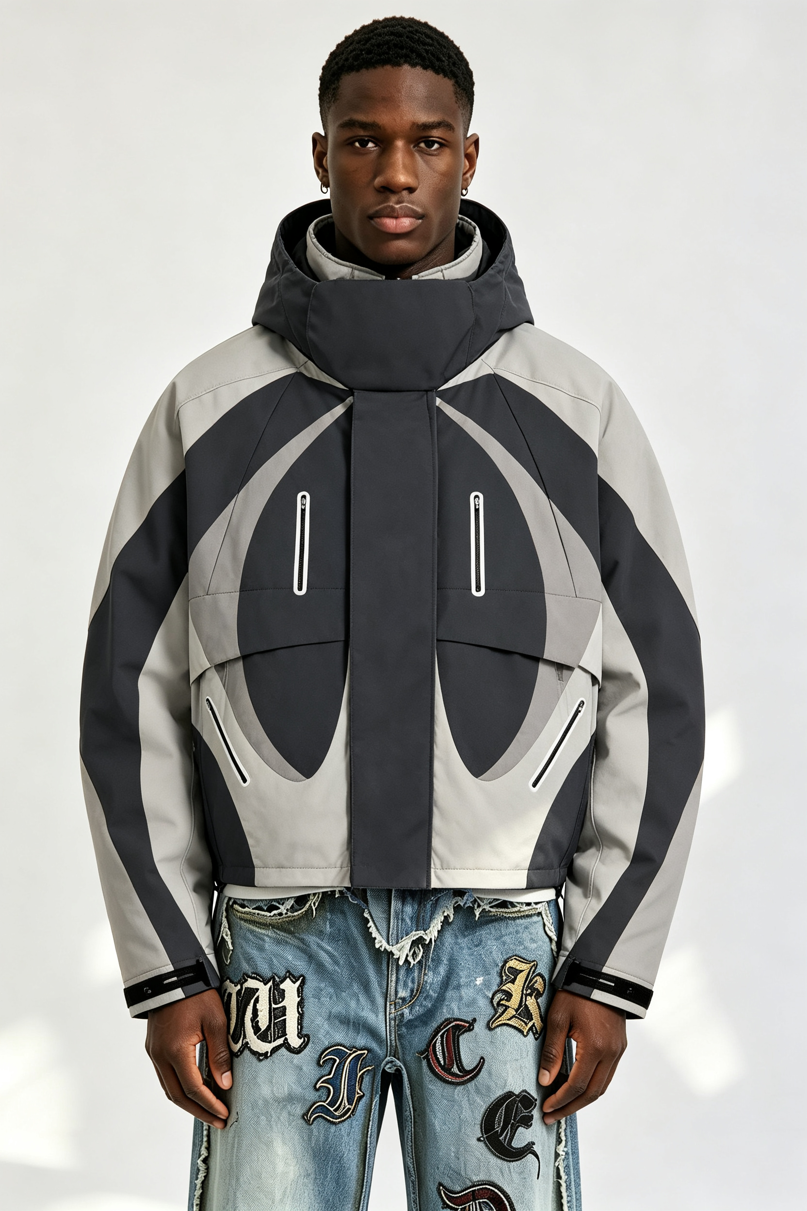 Custom Men Geometric Color Block Hooded Techwear Jacket, Cropped Outdoor Streetwear Windbreaker