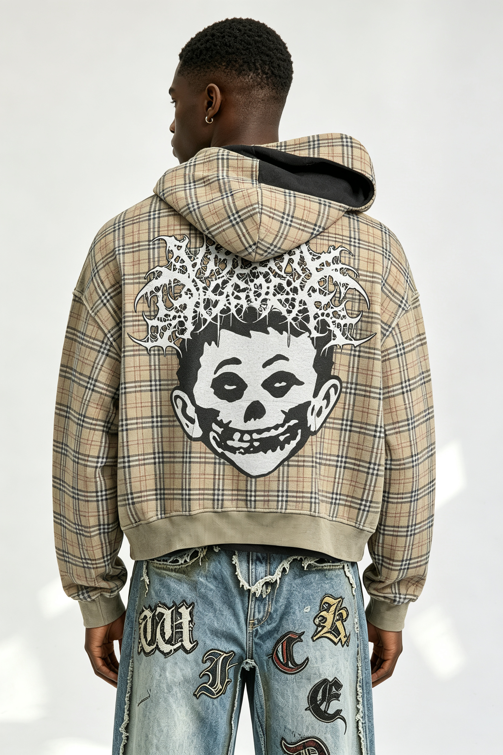 Custom Men Plaid Gothic Skull Portrait Hoodie, Contrast Lining Heavy Fleece Cropped Oversized Streetwear Pullover Sweatshirt