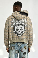 Custom Men Plaid Gothic Skull Portrait Hoodie, Contrast Lining Heavy Fleece Cropped Oversized Streetwear Pullover Sweatshirt