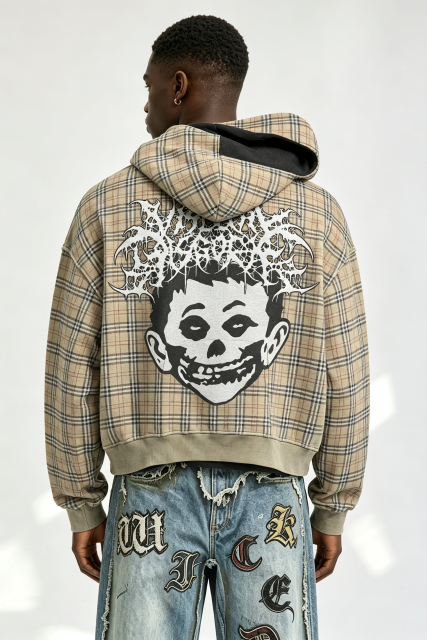 Custom Men Plaid Gothic Skull Portrait Hoodie, Contrast Lining Heavy Fleece Cropped Oversized Streetwear Pullover Sweatshirt