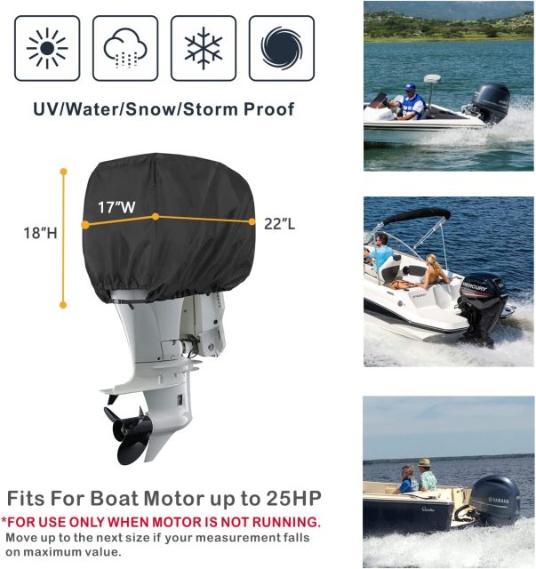 Outboard Motor Cover - Waterproof 600D Heavy Duty Boat Engine Hood Covers - Fit for Motor from 25HP up to 300 HP, Black