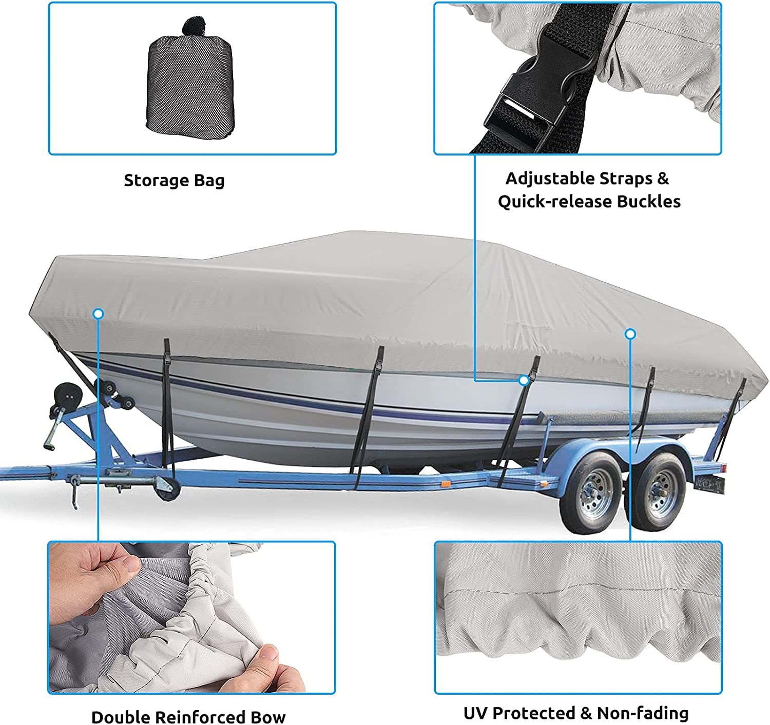 Boat Cover, Heavy Duty Waterproof Trailerable Boat Cover, UV Resistant Marine Grade Outboard Cover Compatible for Bass Boat, Fits Bayliner Tri-Hull V-Hull Fishing Runabout Boat, Grey