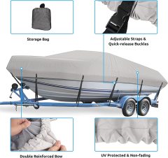 Boat Cover, Heavy Duty Waterproof Trailerable Boat Cover, UV Resistant Marine Grade Outboard Cover Compatible for Bass Boat, Fits Bayliner Tri-Hull V-Hull Fishing Runabout Boat, Grey