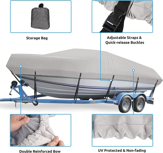 Boat Cover, Heavy Duty Waterproof Trailerable Boat Cover, UV Resistant Marine Grade Outboard Cover Compatible for Bass Boat, Fits Bayliner Tri-Hull V-Hull Fishing Runabout Boat, Grey