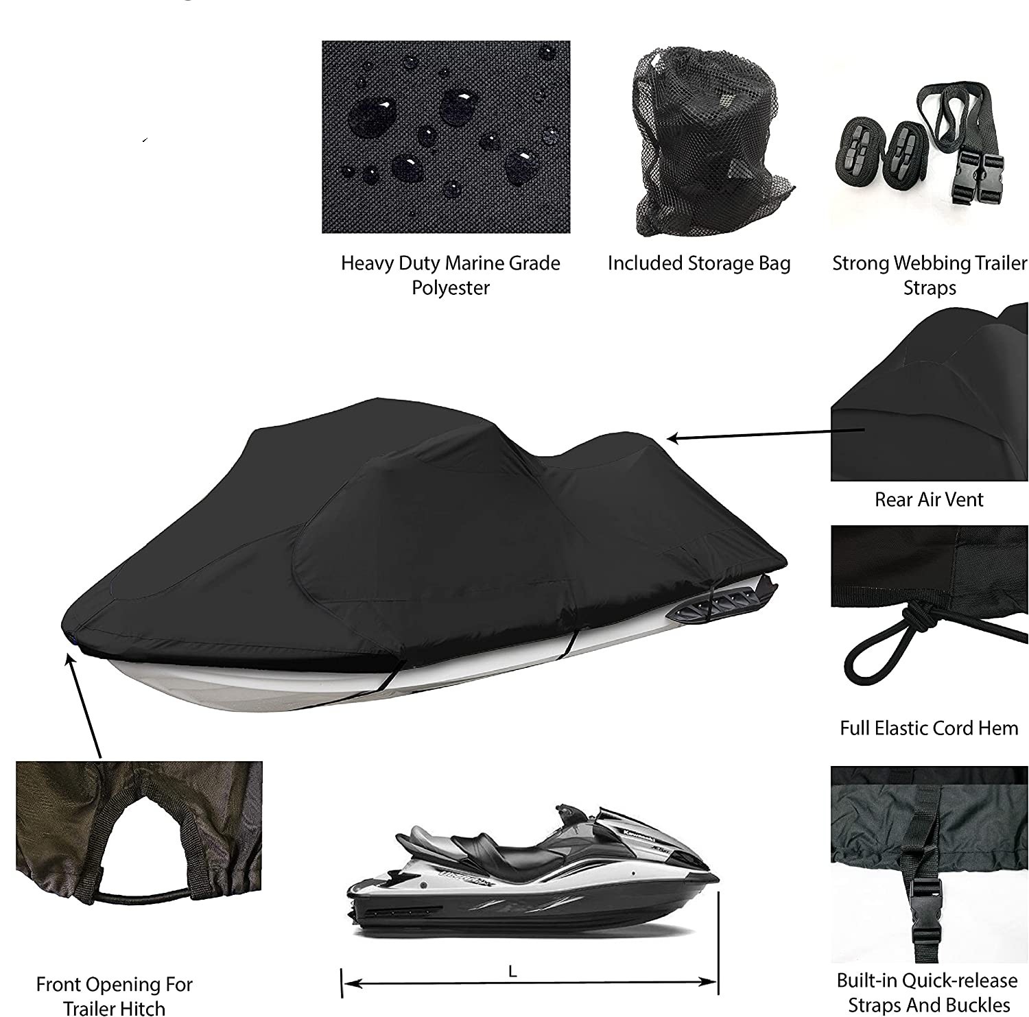 Jet Ski Cover, Waterproof Marine Grade 600D Heavy Duty Polyester PWC Cover Six Sizes Black Color