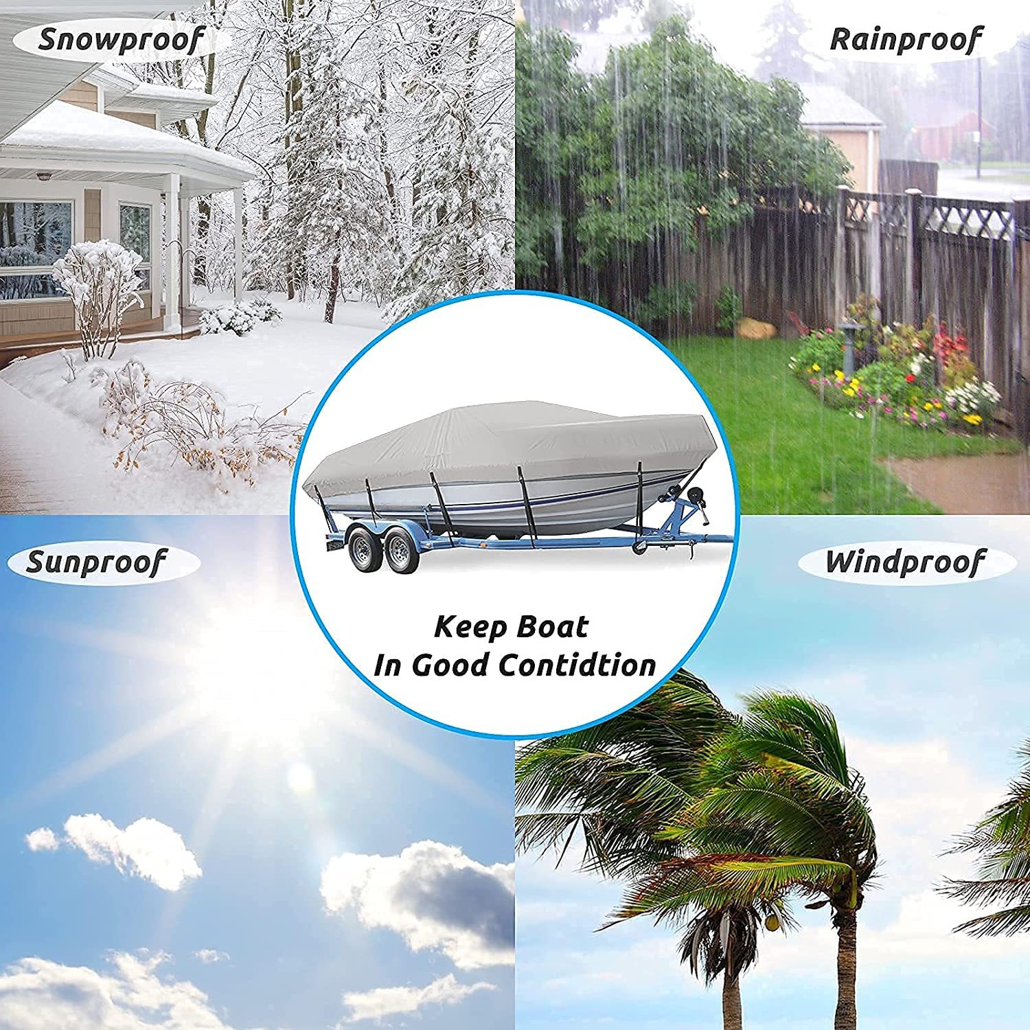 Boat Cover, Heavy Duty Waterproof Trailerable Boat Cover, UV Resistant Marine Grade Outboard Cover Compatible for Bass Boat, Fits Bayliner Tri-Hull V-Hull Fishing Runabout Boat, Grey