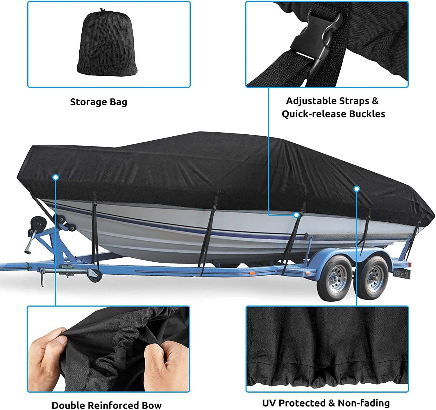 Boat Cover, Heavy Duty Waterproof Trailerable Boat Cover, UV Resistant Marine Grade Outboard Cover Compatible for Bass Boat, Fits Bayliner Tri-Hull V-Hull Fishing Runabout Boat, Black