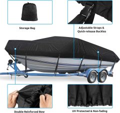 Boat Cover, Heavy Duty Waterproof Trailerable Boat Cover, UV Resistant Marine Grade Outboard Cover Compatible for Bass Boat, Fits Bayliner Tri-Hull V-Hull Fishing Runabout Boat, Black