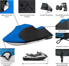 Jet Ski Cover, Waterproof Marine Grade 600D Heavy Duty Polyester PWC Cover Six Sizes Black and Blue Color