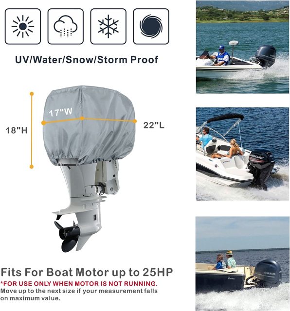 Outboard Motor Cover - Waterproof 600D Heavy Duty Boat Engine Hood Covers - Fit for Motor from 25HP up to 300 HP, Grey