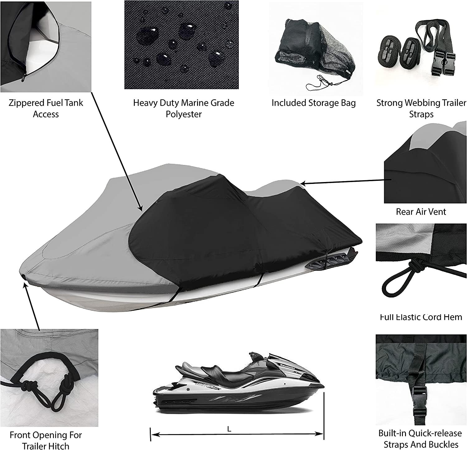Jet Ski Cover, Waterproof Marine Grade 600D Heavy Duty Polyester PWC Cover Six Sizes Black and Grey Color