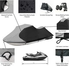 Jet Ski Cover, Waterproof Marine Grade 600D Heavy Duty Polyester PWC Cover Six Sizes Black and Grey Color