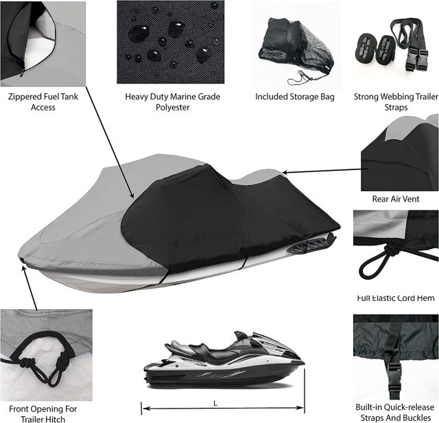 Jet Ski Cover, Waterproof Marine Grade 600D Heavy Duty Polyester PWC Cover Six Sizes Black and Grey Color